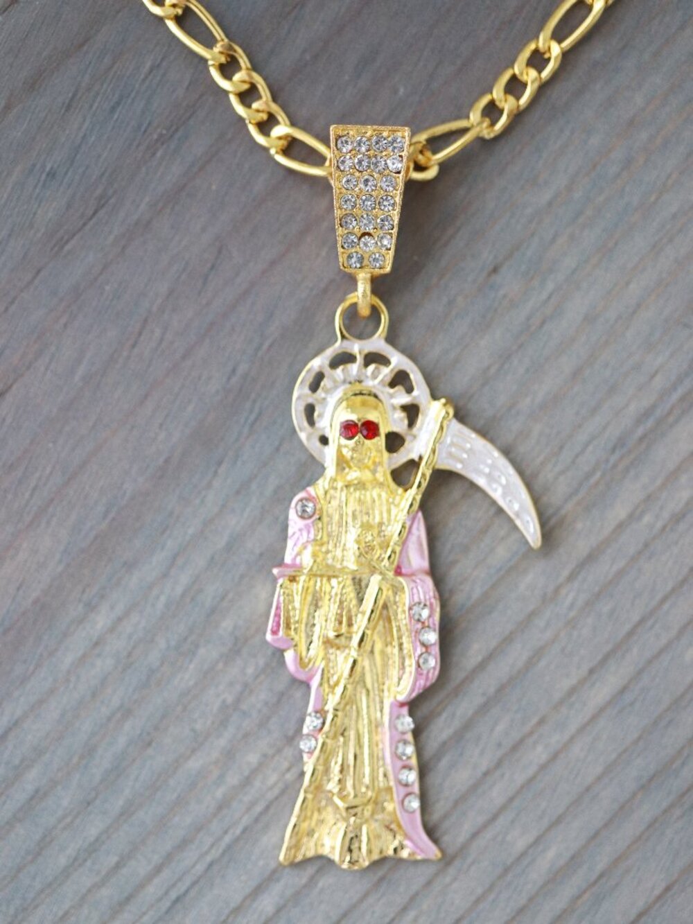 Grim Reaper Pink with CZ Stones Style Pendant Necklace 18k Gold Plated